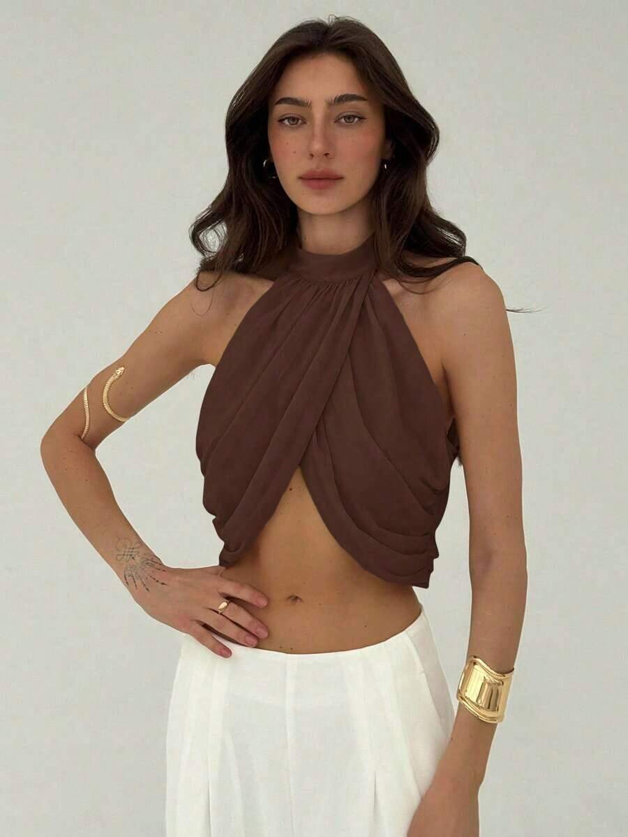 Blusa elegante y sexy para mujer con cuello cruzado, fruncido en la espalda y botones, de estilo casual y de vacaciones, de gasa - Marrón - Ver 1