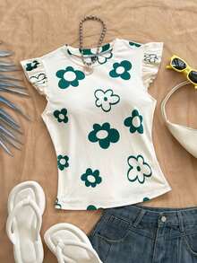 Camiseta casual de mujer con cuello redondo, mangas de volantes y estampado floral, blusas florales para mujer, blusas con mangas de volantes, para salir, blusas de manga corta lindas - Multicolor 2 - Ver 9