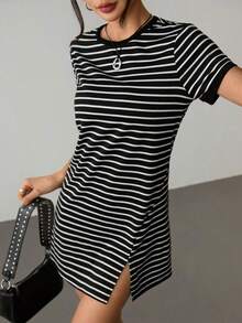 Vestido corto de manga corta para el verano con estampado de rayas y ribete a color block - Blanco y Negro - Ver 4