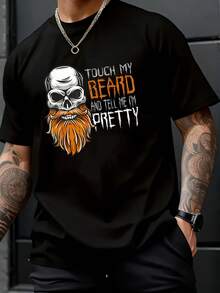 Camiseta con Estampado de Calavera y Barba - Suave, de Cuello Redondo y Manga Corta para Hombre - Ropa Casual Urbana con Estampados Atrevidos en Naranja y Blanco, Adecuada para Todas las Temporadas| Estampados de Calaveras Atrevidas| Ajuste Cómodo - Negro - Ver 8