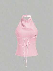 Camiseta sin espalda de unicolor y escote halter para mujer - Rosa - Ver 2