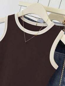 Top de camisola roja con ribetes contrastantes para mujer - Marrón - Ver 4