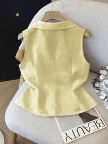 Camisa blanca sin mangas con cuello polo bordado para mujer, de primavera/verano, de estilo casual - Amarillo - Ver 2