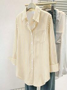 Camisa de manga larga a rayas clásica para mujer, con cuello, diseño de botones delanteros, decoración de bolsillo, adecuada para oficina y uso casual en primavera, verano, otoño e invierno - Amarillo - Ver 4