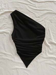 Conjunto de 3 piezas para mujer con top sin mangas con hombros fruncidos, de estilo minimalista y de moda, ideal para vacaciones, primavera y verano - Negro - Ver 2