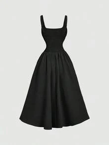 Vestido elegante de longitud media sin mangas con diseño de cintura plisada y unicolor para mujer - Negro - Ver 6