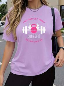 Y2K Women's Casual Short Sleeve T-Shirt - Motivational Graphic Print Of Barbells And Dumbbells For CrossFit, Elastic Crew Neck, Soft And Breathable Fabric, Relaxed Fit For Gym, Workouts And Casual Wear, Sports T-Shirts, Sporty Print T-Shirt, Comfortable T-Shirt - 黑色 - 查看 8