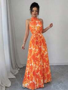 Vestido elegante y romántico con estampado floral, cuello con volantes y cintura plisada en línea A, adecuado para citas, primavera/verano - Multicolor 6 - Ver 9