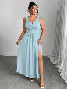 Elenzya Vestido línea A con cuello en V, contraste de encaje, tirantes finos y abertura para tallas grandes - Celeste - Ver 7