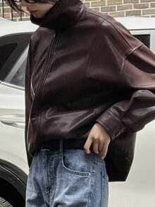 de cuero casual suelta con cremallera en la solapa, chaqueta exterior de manga larga - Marrón - Ver 5