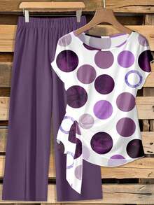 Conjunto de 2 piezas de blusa con lazo y pantalones rectos para mujer, informal - Multicolor - Ver 6