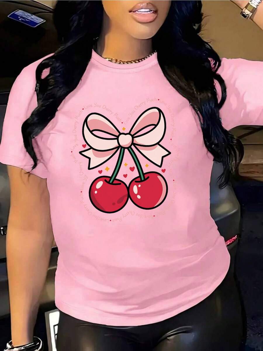 Oversized White T-Shirt With Cherries And The Phrase "Love You Cherry Much", Ideal For Casual And Date Outfits. Loose-Fitting Youth T-Shirt With A Cherry Design And Pink Bow, A Flirty Style To Pair With Jeans Or Leggings. Summer T-Shirt With A Cherry Graphic And Text, A Feminine And Flattering Style. - YH430-粉紅色 - 查看 1