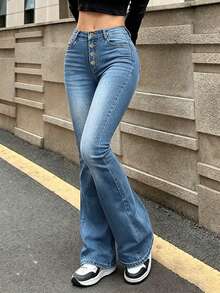 Women's Stretch Slim Fit Mid-Rise Flare Jeans With Side Pockets, Slimming & Stylish Trousers - 淺藍 - 查看 1