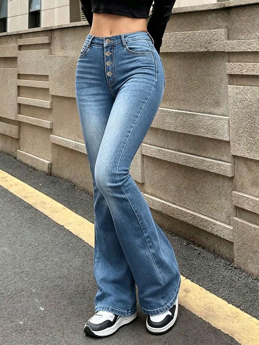Women's Stretch Slim Fit Mid-Rise Flare Jeans With Side Pockets, Slimming & Stylish Trousers - 淺藍 - 查看 1