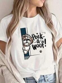 1 pieza de camiseta gráfica casual para mujer - "Peek-A-Woof! "Diseño de perro, cuello redondo de manga corta, camiseta ligera de verano, blanca con gráfico divertido de perro de dibujos animados y estampado de huellas, primavera y verano, camisetas para mujer, camiseta de algodón puro de alta calidad con estampado minimalista, tela suave y transpirable, cómoda y holgada, adecuada para usar todo el día, adecuada para ropa casual de oficina, apariencia diaria de primavera y verano, diseño elegante y juvenil. - Blanco - Ver 1