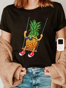Stylish Red Everyday T-Shirt With Yellow Pineapple Print And  Lettering, Casual Short-Sleeved Round Neck Top, Chic Fashion T-Shirt For Women For Spring/Summer. - 黑色 - 查看 2
