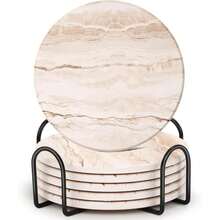 White Marble Pattern Absorbent Ceramic Coasters, 6pcs With Metal Holder, Non-Slip Cork Back, Minimalist Luxury Home & Kitchen Decor - Beige Marble - View 5