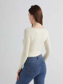 Women's Ribbed U-Neck Long Sleeve Bodysuit - Sculpting Stretch One-Piece Top For Casual, Lounge & Streetwear - trắng - Xem 9