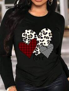 Women's Graphic T-Shirt, Long Sleeve, Round Neck, Basic, Comfortable, Cool, Lightweight, Modern, Youthful, Casual, Urban, Soft, Cool, Heart Print, Hearts, Plaid, Romantic, Bohemian, BIJZ - 黑色 - 查看 1