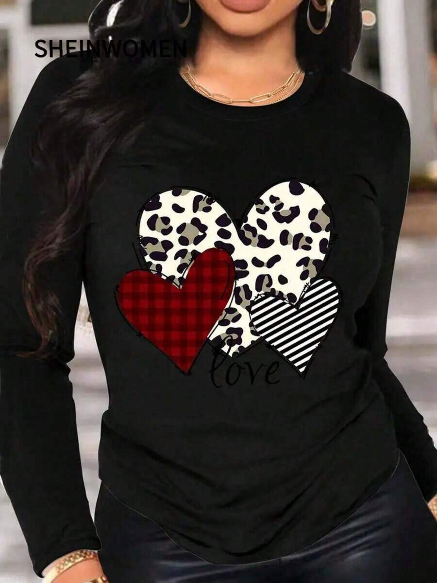 Women's Graphic T-Shirt, Long Sleeve, Round Neck, Basic, Comfortable, Cool, Lightweight, Modern, Youthful, Casual, Urban, Soft, Cool, Heart Print, Hearts, Plaid, Romantic, Bohemian, BIJZ - 黑色 - 查看 1
