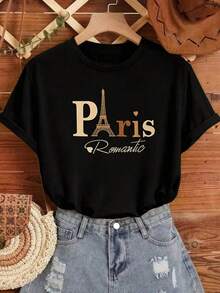 Women's Casual Parisian Romantic Graphic T-Shirt, Black Short Sleeve Drop Shoulder Crew Neck Top, Light Stretch Knit Fabric AGT0 - 黑色 - 查看 2