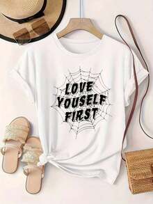 Camiseta Casual de Moda para Mujer con Estampado de Telaraña "Vintage Love Yourself First", Adecuada para Todas las Temporadas  
 -WhiteFashion - Blanco - Ver 2