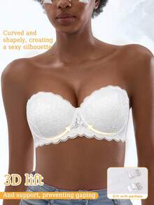 Women's Lace Strapless Backless Push-Up Bra - Breathable Comfortable Seamless - White - View 2