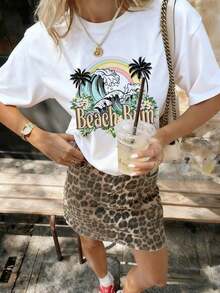 Camiseta de manga corta para mujer con estampado de palmeras y olas, estilo retro, informal, estética, de verano, con cuello redondo, estilo boho, para uso diario, vacaciones en la playa, salidas de verano, estilo callejero, casual americano, holgada. - Blanco - Ver 7