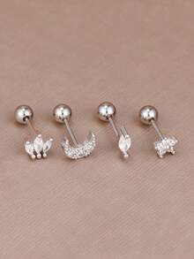 4 pezzi Nuovi orecchini a perno di moda con luna & fiori per donne, orecchini ipoallergenici con chiusura a vite per cartilagine, gioielli per orecchie forate regalo per ragazze - 1-Argento-4 pezzi - Visualizzare 3