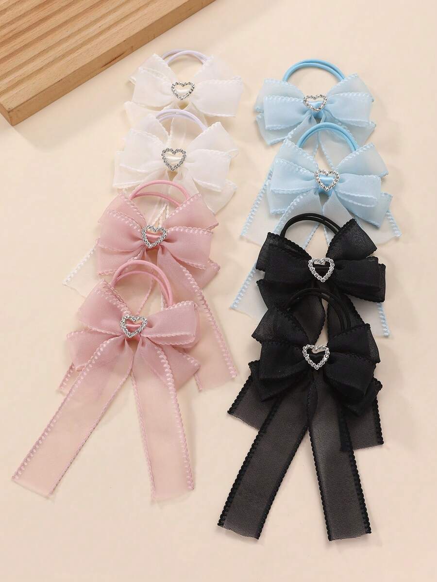 2pcs/8pcs Girls Heart Mesh Bow Hair Scrunchies Set, Suitable For Daily Decoration - Multicolor - View 1