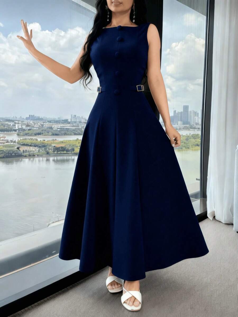 Elegant, Sleeveless, Plain Long Dress For Formal Weddings And Events. - Màu xanh hải quân - Xem 1