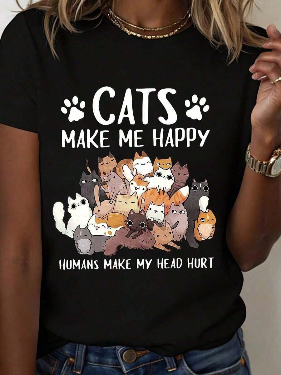 Women's Clothing "Cats Make Me Happy" T-Shirt With White Cat Print And Graphic Text For Casual Wear And Pet Lovers, Women's Shirts - 黑色 - 查看 1
