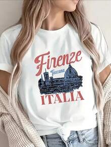 Soft 100% Cotton T-Shirt. Women's Casual Short-Sleeved T-Shirt With A Florence, Italy Print, Designed For Comfort And Lightness, Ideal For Travel And Everyday Wear. Breathable Cotton T-Shirt, Goes With Everything. - 白色 - 查看 8