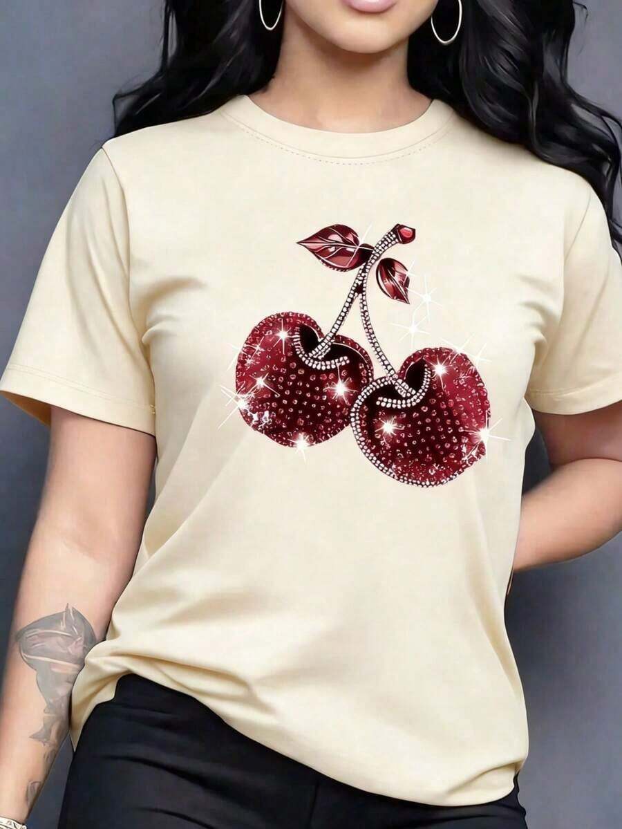 Solt 1pscPlayera básica mujer dama cuello redondo manga corta estampado GRAFICO DE FRUTAS CEREZA CEREZAS CHERRY CHERRIES BRILLANTE GRAPHIC Textura Suave Fortiz100%cotton graphic - Albaricoque - Ver 1