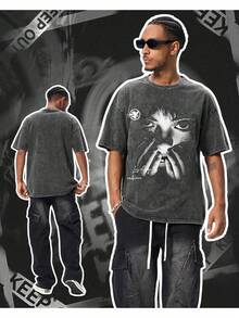 Washed - Camiseta de manga corta de algodón lavado al ácido con diseño de carreras para hombre, estilo vintage, holgada, estilo urbano, para verano. - Negro - Ver 3