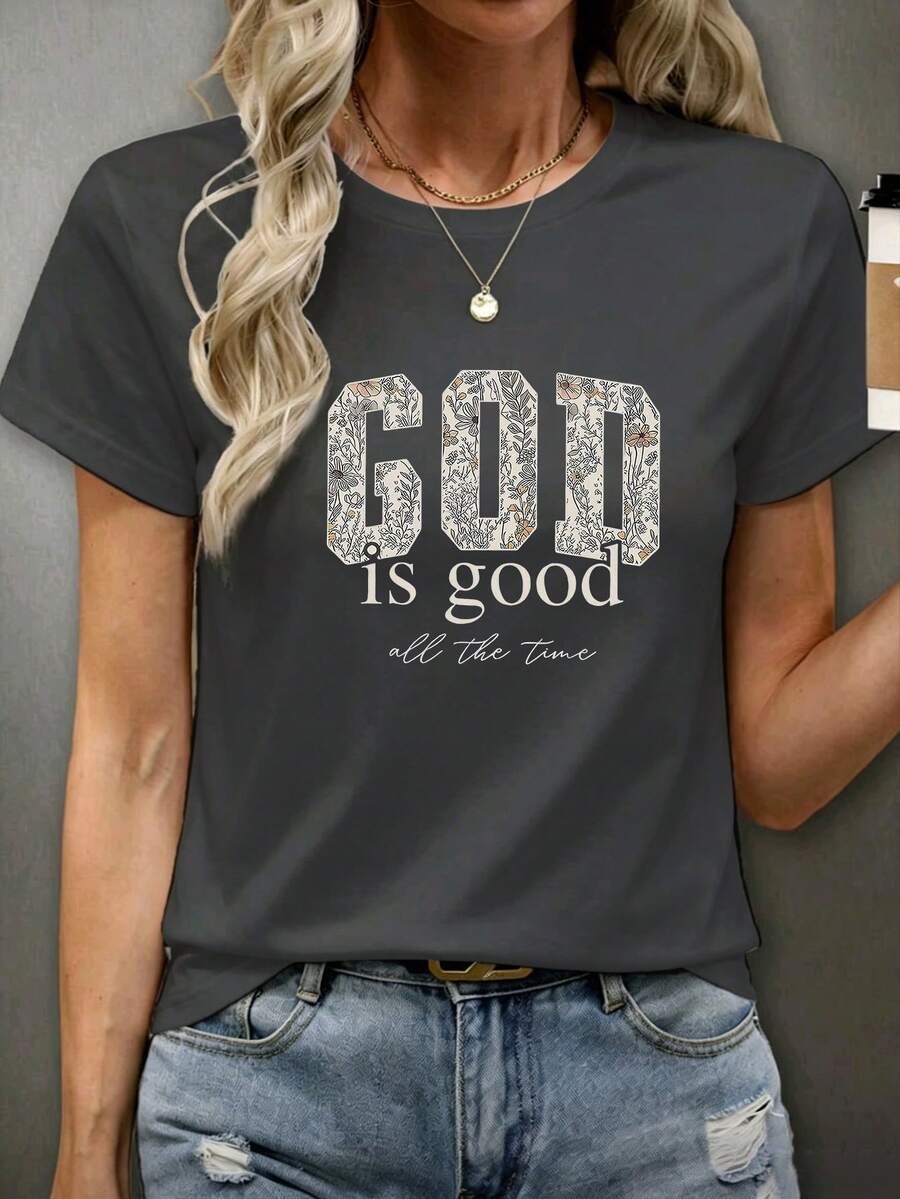 Playera Oversize Mujer "God is Good" - Estampado de Flores con Frase Religiosa - Gris Oscuro - Ver 1