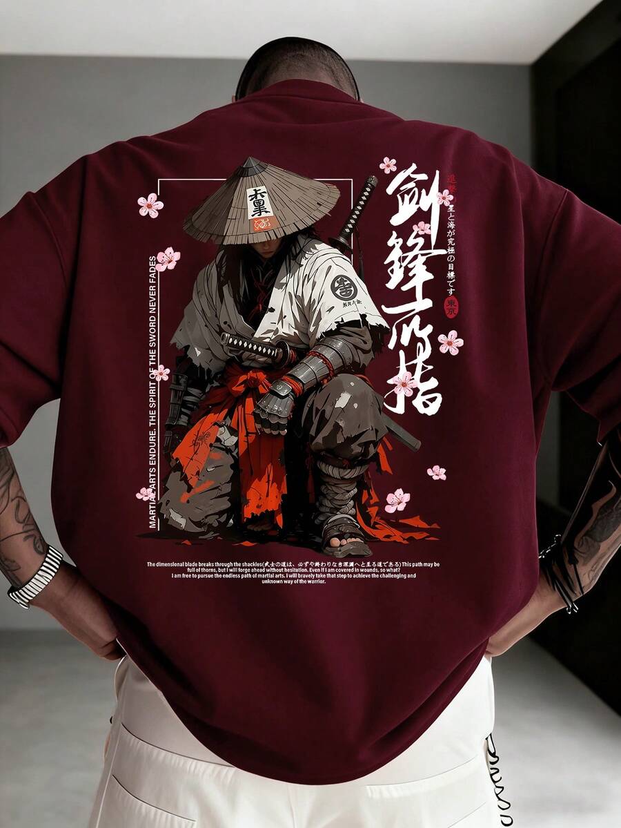 男士時尚日系賽博龐克插畫印花黑色圓領短袖T恤，街頭風