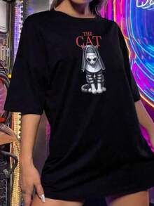Camiseta divertida de gata monja para mujer - Gato gótico para Halloween, cosplay, ropa informal - Regalo de gato religioso para mujeres y hombres Blusas Bonito 100% Cotton - Negro - Ver 3