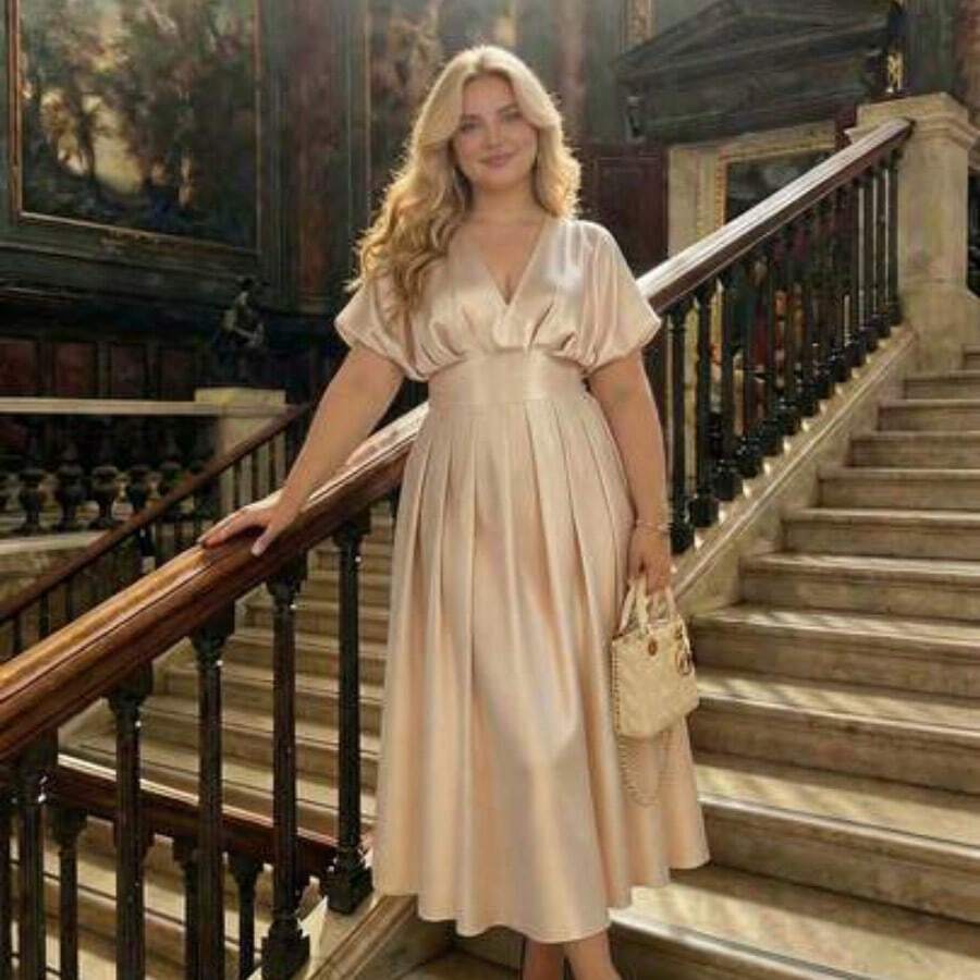 MOD Plus Size Solid Color V-Neck Ruched Waist Elegant Satin Dress Summer Dress Wedding Guest Dress For Women Birthday Dresses For Women Elegant Dresses For Women Elegant Commuter Dress Satin Midi Dress Elegant Midi Dress Champagne Women Dresses Tea Length Dress Silk Dresses,Valentine's Day Dress Satin Evening Gown Pleated Champagne Dress V-Neck Satin Gown Champagne Elegant Dress Long Formal Dress - Albaricoque - Ver 1