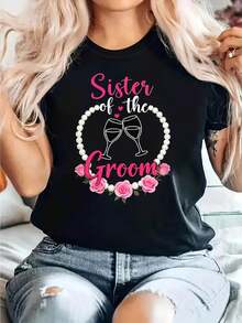 Camiseta con estampado gráfico de boda de la novia del novio |   Camiseta casual de manga corta con cuello redondo para mujer, para uso diario y ocio, regalo de vacaciones para primavera-otoño - Negro - Ver 1