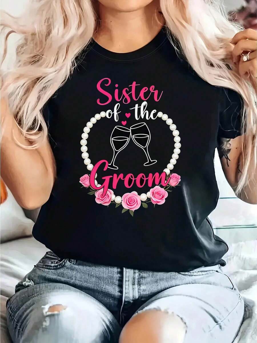 Camiseta con estampado gráfico de boda de la novia del novio |   Camiseta casual de manga corta con cuello redondo para mujer, para uso diario y ocio, regalo de vacaciones para primavera-otoño - Negro - Ver 1