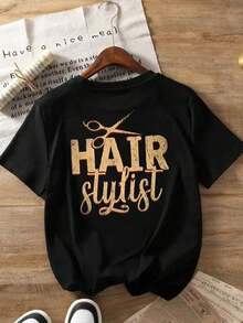GiftCamiseta de manga corta con estampado a doble cara, top casual moderno para mujer HAIR STYLIST, camiseta casual de manga corta con cuello redondo, adecuada para verano y primavera, ropa de mujer - Camiseta unisex de algodón holgada con cuello redondo y manga corta estilo vintage urbano. Suave - Negro - Ver 3