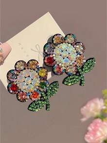 4pcs Shiny Crystal Flower Hair Clips For Teenage Girls, Crystal Inlaid Flower & Leaf Decor Hair Accessories, Sweet & Fashionable For Party And Daily Wear - Multicolor - View 5