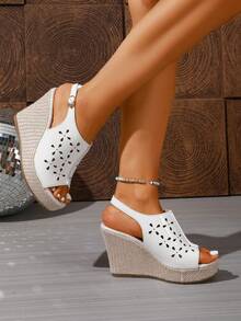1 Pair Women's Summer Platform Wedge Sandals, Fashionable Hollow-Out Breathable Casual Strap Open Toe Shoes - White - View 4