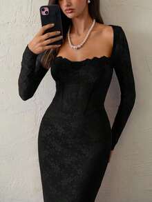 Vestido negro ajustado hasta el suelo con cuello corsé ahuecado y mangas largas con encaje en forma de S sexy para mujer para fiestas, citas y banquetes de otoño/invierno nuevo - Negro - Ver 6