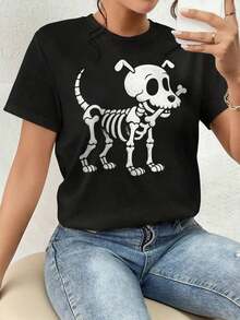 ofertas y liquidacionesPlayera Para Mujer,Halloween - Perro Esqueleto, Camiseta Gráfica, Regalo - Día de Muertosplayera de hombretops sudaderas para mujer Y2k Camiseta Camisa De - Negro - Ver 1