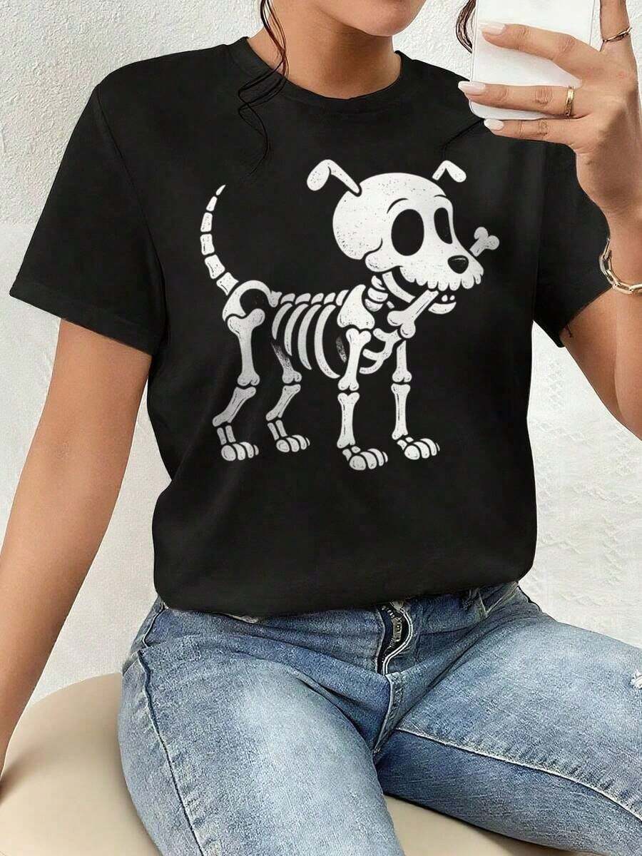ofertas y liquidacionesPlayera Para Mujer,Halloween - Perro Esqueleto, Camiseta Gráfica, Regalo - Día de Muertosplayera de hombretops sudaderas para mujer Y2k Camiseta Camisa De - Negro - Ver 1