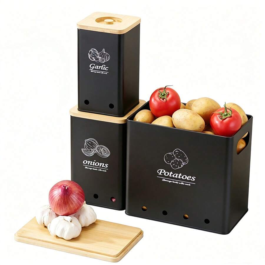 3 PiecesBlack Metal Vegetable Storage Set With Bamboo Lids - Stackable Potato, Onion & Garlic Containers For Kitchen Organization