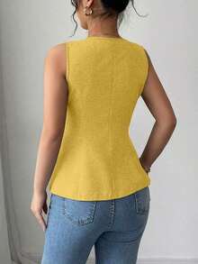 Blusa exterior con cuello en V ajustada con decoración de botones dorados con rosas - Amarillo - Ver 2