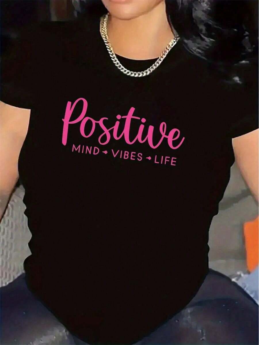 Camiseta de Mujer "Positive Mind Vibes Life" - Blanca con Letras Rosadas - Camiseta de Poliéster Suave para Uso Diario en Casa, Oficina, Regalos - Ropa Motivacional para Mujeres - Negro - Ver 1